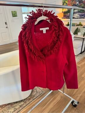 david brooks Red Fringe Collar Wool Coat
